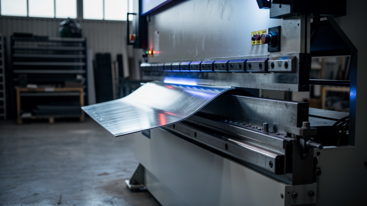 A press brake folding a sheet of galvanized steel on the shop floor