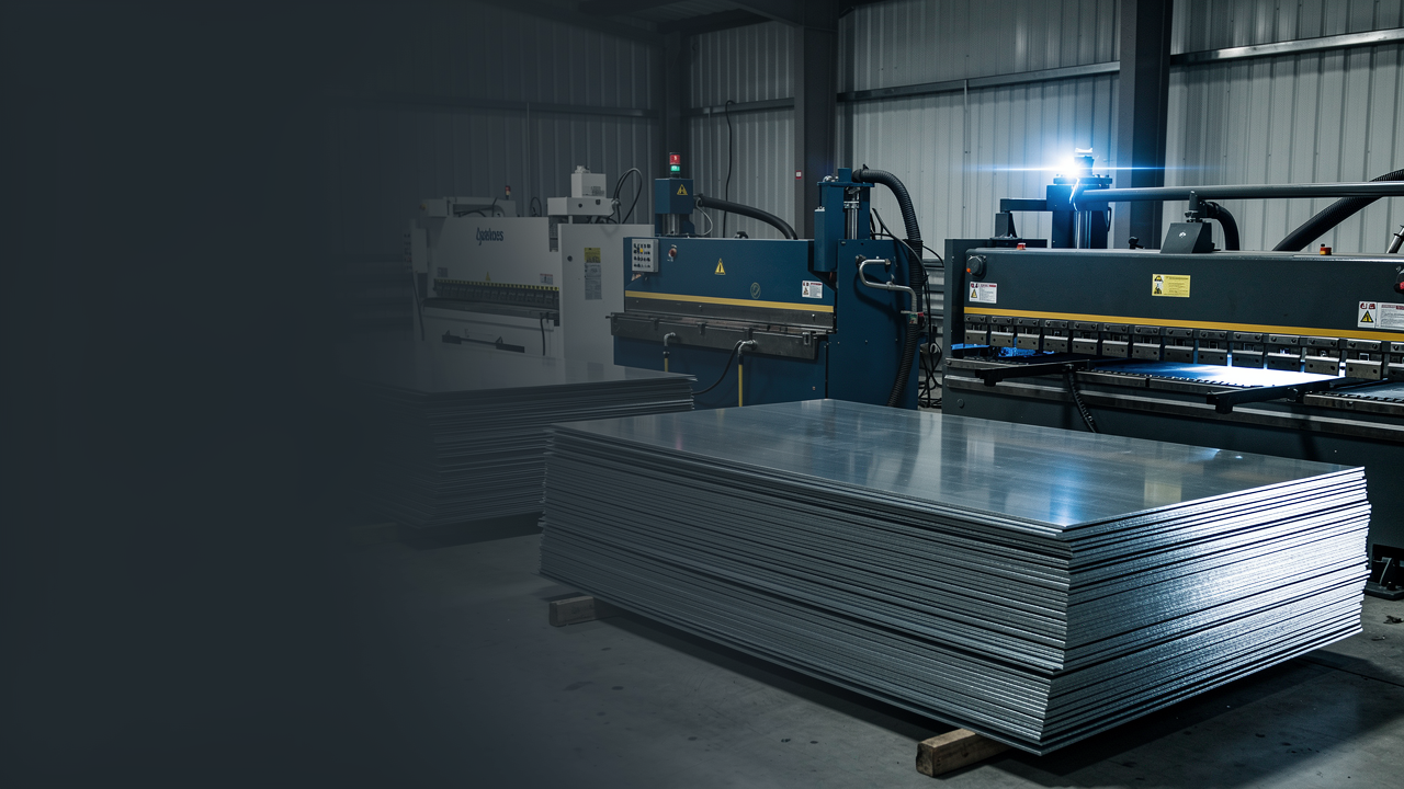 A custom sheet-metal fabrication shop floor with stacked steel and forming machines in cool daylight