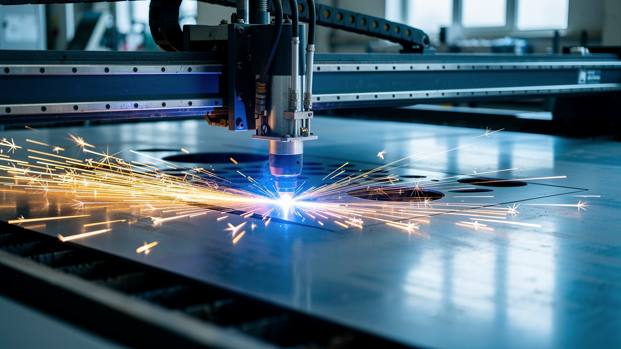 A CNC plasma table cutting sheet steel with a bright blue arc and sparks