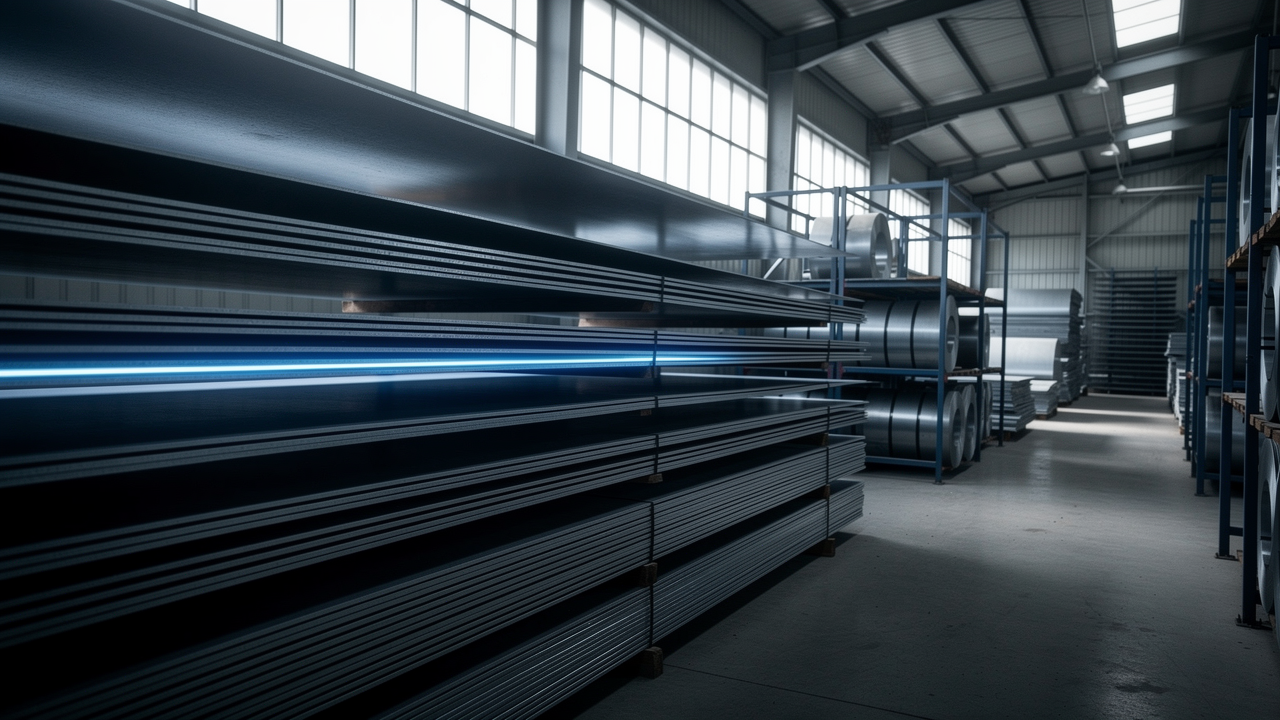 Racked galvanized and blued sheet-metal stock in the Mesa fabrication shop