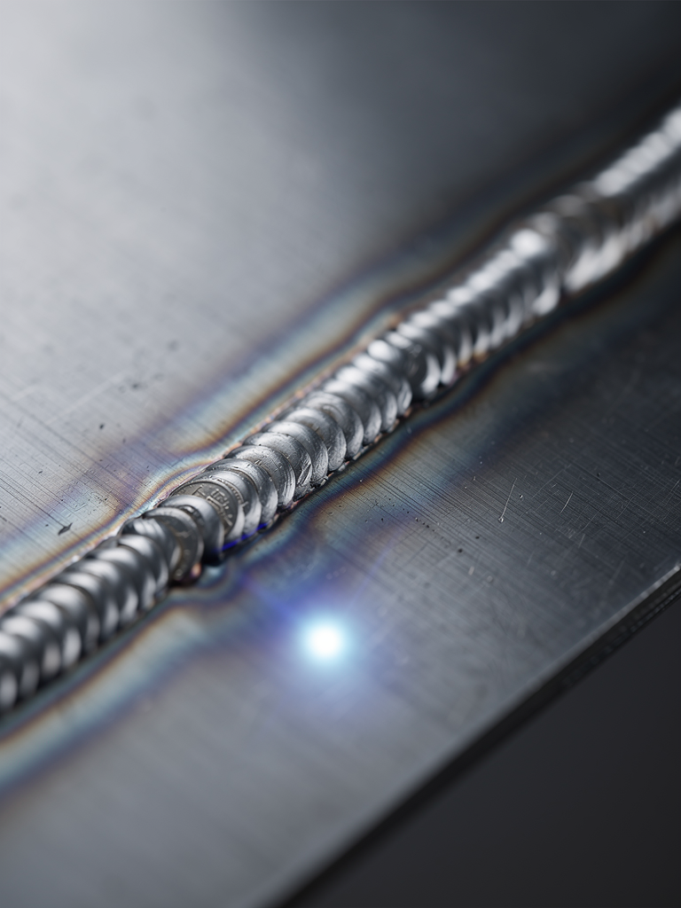 A close-up of a precise TIG weld bead on blued steel